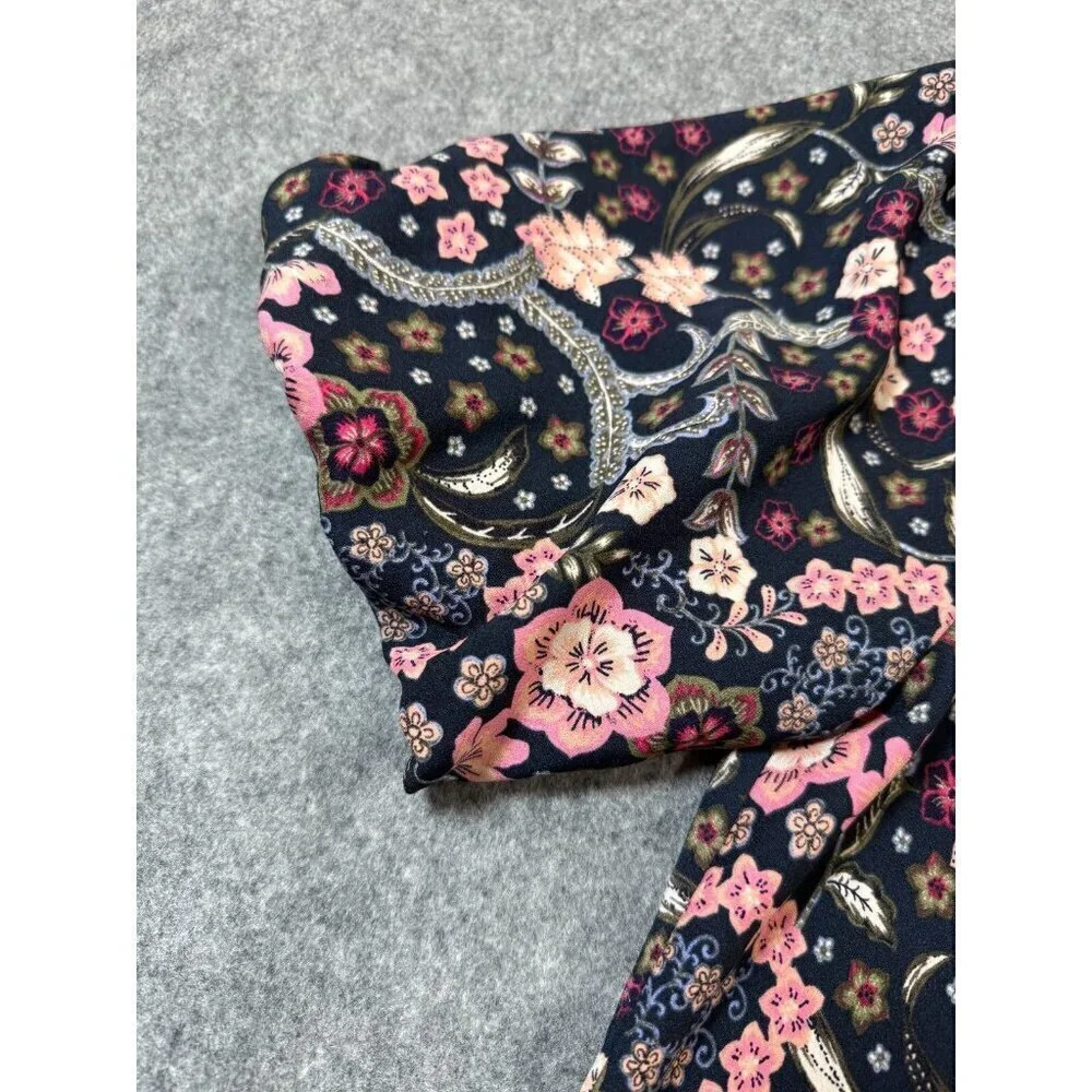 Loft Blouse Top Womens Large Multi Floral Bloom Twist Bubble Sleeve Keyhole Back